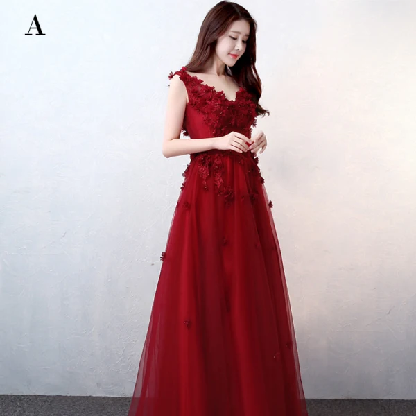 Snygga / Fina Burgundy Aftonklänningar 2017 Prinsessa V-Hals Spets Beading Appliqués Halterneck Afton Formella Klänningar