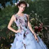 Flower Fairy Sky Blue Ball Gown Prom Dresses 2017 U-Neck Tulle Appliques Backless Beading Prom Formal Dresses