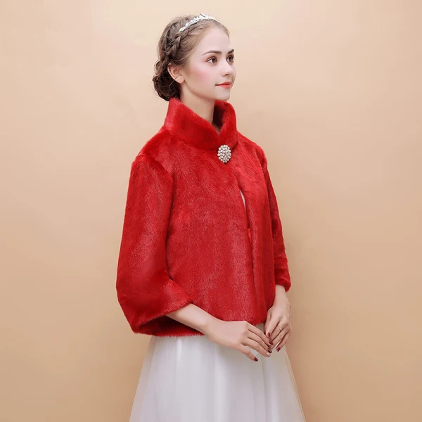 Rouge Hiver Col Haut Manches Longues Fausse Fourrure Promo Soirée Mariage Manteaux / vestes 2017