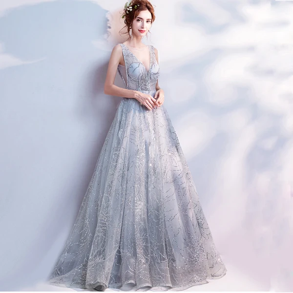 Sparkly Grey Evening Dresses  2018 Tulle Glitter Sequins Evening Party Formal Dresses