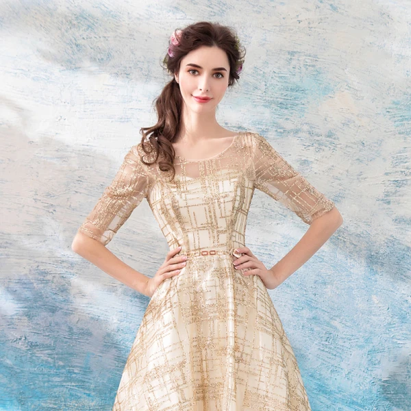Chic / Beautiful Gold Evening Dresses 2018 A-Line / Princess Floor-Length / Long U-Neck Tulle Appliques Backless Beading Glitter Evening Party Formal Dresses