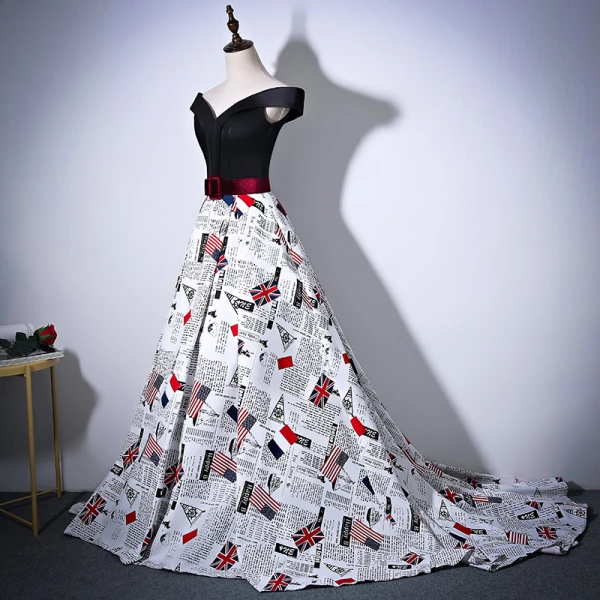 Amazing / Unique Black Evening Dresses 2018 A-Line / Princess Charmeuse Backless Printing Strapless Evening Party Formal Dresses