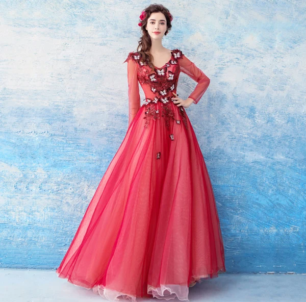 Lovely Red Floor-Length / Long Evening Dresses 2018 A-Line / Princess Tulle V-Neck Appliques Beading Backless Butterfly Sequins Evening Party Prom Dresses