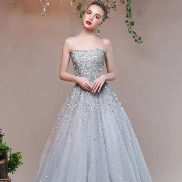 Sparkly Grey Evening Dresses  2017 Lace Backless Glitter Sequins Strappy A-Line / Princess Formal Dresses