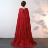 Luxe Scintillantes Bling Bling Bordeaux Longue Robe De Soirée 2018 Princesse Avec Cape Perlage Paillettes Soirée Robe De Bal