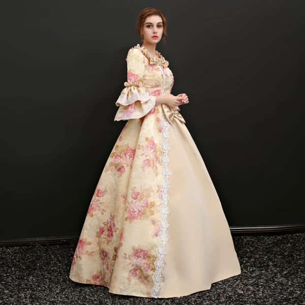 Vintage Champagner Lange Ballkleid Ballkleider 2018 Schnüren U-Ausschnitt Charmeuse Rückenfreies Drucken Ball Festliche Kleider