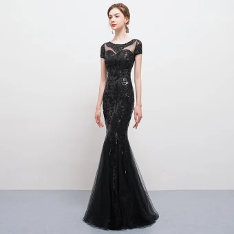 Moderne Mode Noire Longue Robe De Soirée 2018 Trompette Sirène U Cou Tulle Dos Nu Perlage Paillettes Faux Diamant Robe De Ceremonie