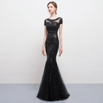 Modern Fashion Black Floor Length Long Evening Dresses 2018 Trumpet Mermaid U Neck Tulle Backless Beading Sequins Rhinestone Formal Dresses