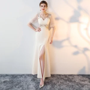 Amazing Unique Champagne Floor Length Long Evening Dresses 2018 Trumpet Mermaid Charmeuse 1 2 Sleeves V Neck Lace Up Beading Backless Embroidered Formal Dresses