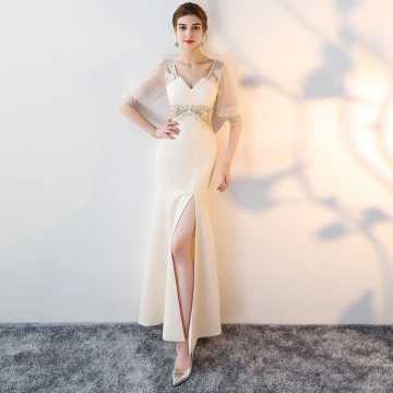 Unique Champagne Longue Robe De Soirée 2018 Trompette Sirène Charmeuse 1 2 Manches V Cou Lacer Perlage Dos Nu Brodé Robe De Ceremonie