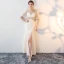 Amazing / Unique Champagne Floor-Length / Long Evening Dresses  2018 Trumpet / Mermaid Charmeuse 1/2 Sleeves V-Neck Lace-up Beading Backless Embroidered Formal Dresses
