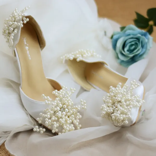Luxury / Gorgeous White Dating Wedding Satin Beading Crystal Pearl Wedding Shoes 2018