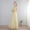 Modern / Fashion Floor-Length / Long Yellow Evening Dresses  2018 A-Line / Princess U-Neck Chiffon Lace-up Appliques Backless Pierced Formal Dresses