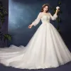 Modern / Fashion White Plus Size Wedding Dresses 2019 A-Line / Princess Long Sleeve U-Neck Appliques Backless Beading Sequins Chapel Train