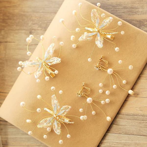 Romantisk Härlig Guld Örhängen Hårsmycken 2020 Beading Pärla Rhinestone Fjäril Bröllop Bal Tillbehör