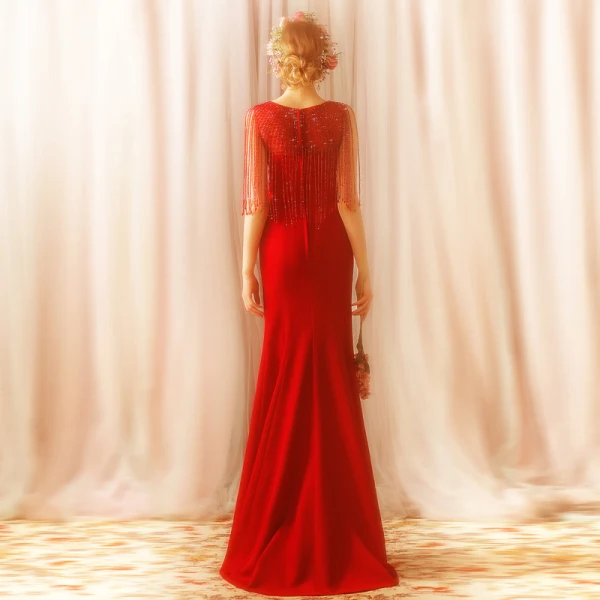 Modern / Fashion Red Sweep Train Evening Dresses  2018 Trumpet / Mermaid Charmeuse U-Neck Beading Tassel Formal Dresses