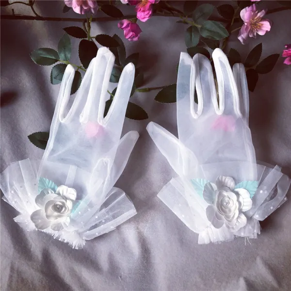 Flower Fairy White Bridal Gloves 2020 Appliques Flower Tulle Prom Wedding Accessories