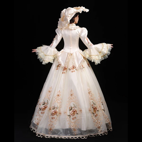 Vintage / Retro Medieval Ivory Ball Gown Prom Dresses 2021 High Neck Long Sleeve Floor-Length / Long 3D Lace Embroidered Flower Printing Cosplay Prom Formal Dresses