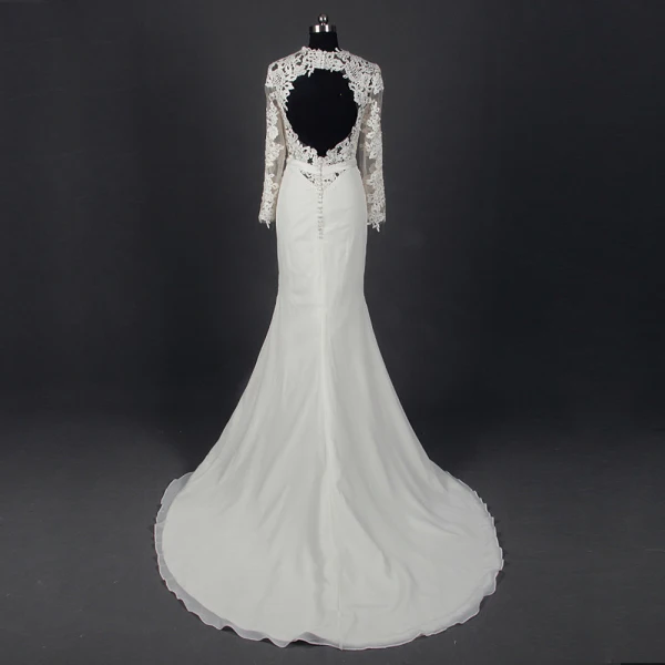 Classic Elegant Ivory Court Train Wedding 2018 Trumpet / Mermaid Long Sleeve Charmeuse U-Neck Lace-up Appliques Backless Pierced Wedding Dresses