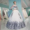 Chinese style White Formal Dresses 2017 A-Line / Princess U-Neck Navy Blue Lace Printing Rhinestone Appliques Backless Embroidered Prom Dresses