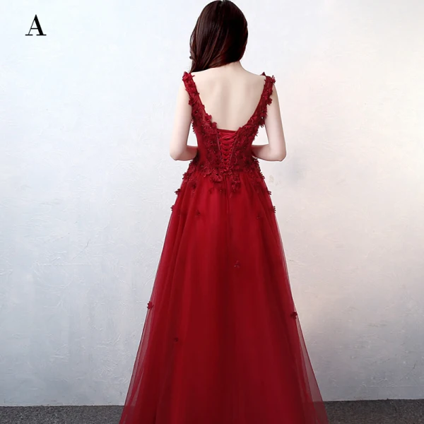 Snygga / Fina Burgundy Aftonklänningar 2017 Prinsessa V-Hals Spets Beading Appliqués Halterneck Afton Formella Klänningar