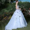 Flower Fairy Sky Blue Ball Gown Prom Dresses 2017 U-Neck Tulle Appliques Backless Beading Prom Formal Dresses