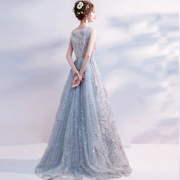 Sparkly Grey Evening Dresses  2018 Tulle Glitter Sequins Evening Party Formal Dresses