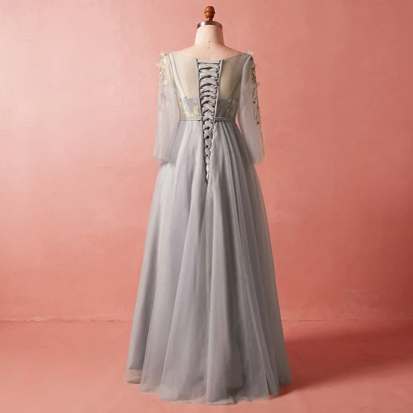 Chic / Belle Gris Grande Taille Robe De Soirée 2018 Princesse 3/4 Manches Printemps V-Cou Tulle Bretelles croisées Fleur Appliques Dos Nu Perlage Soirée Robe De Ceremonie