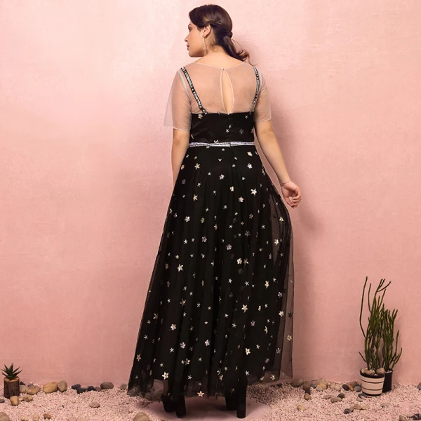 Chic / Beautiful Black Plus Size Prom Dresses 2018 A-Line / Princess Zipper Up Tulle U-Neck Star Backless Beading Sequins Embroidered Evening Party Evening Dresses