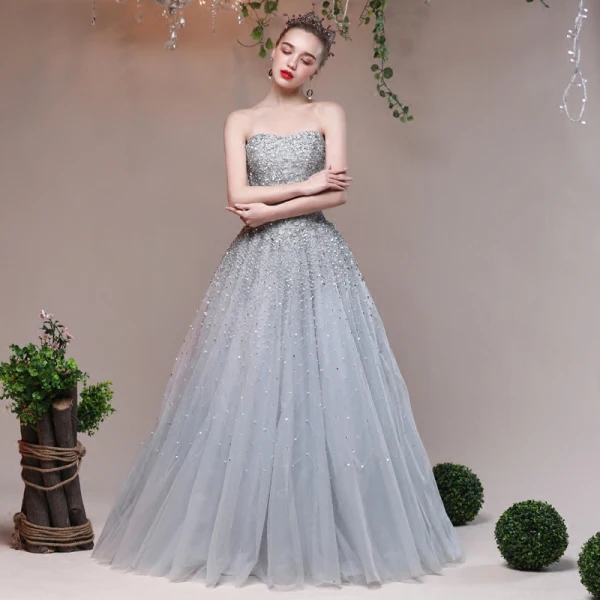 Sparkly Grey Evening Dresses  2017 Lace Backless Glitter Sequins Strappy A-Line / Princess Formal Dresses