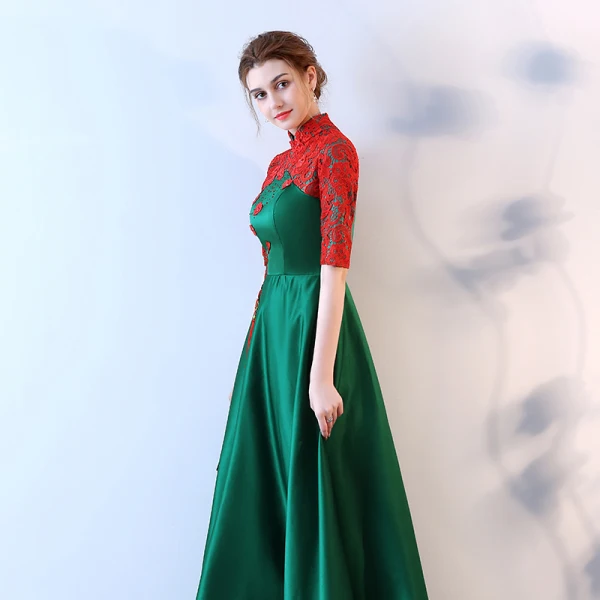 Chinese style 2017 Evening Dresses  Green Scoop Neck 1/2 Sleeves Embroidered Evening Party Formal Dresses