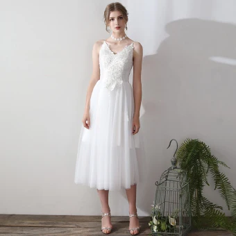 Modern Fashion White Tea Length Wedding 2018 A Line Princess V Neck Lace Up Tulle Appliques Backless Wedding Dresses