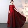Luxury / Gorgeous Sparkly Bling Bling Burgundy Floor-Length / Long Evening Dresses  2018 A-Line / Princess With Cloak Beading Sequins Evening Party Prom Dresses