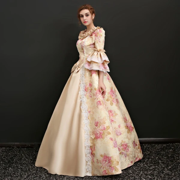 Vintage Champagner Lange Ballkleid Ballkleider 2018 Schnüren U-Ausschnitt Charmeuse Rückenfreies Drucken Ball Festliche Kleider