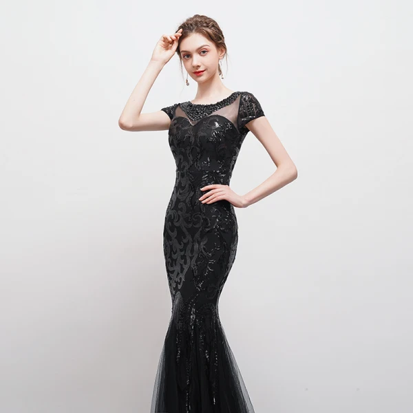Modern / Fashion Black Floor-Length / Long Evening Dresses 2018 Trumpet / Mermaid U-Neck Tulle Backless Beading Sequins Rhinestone Formal Dresses