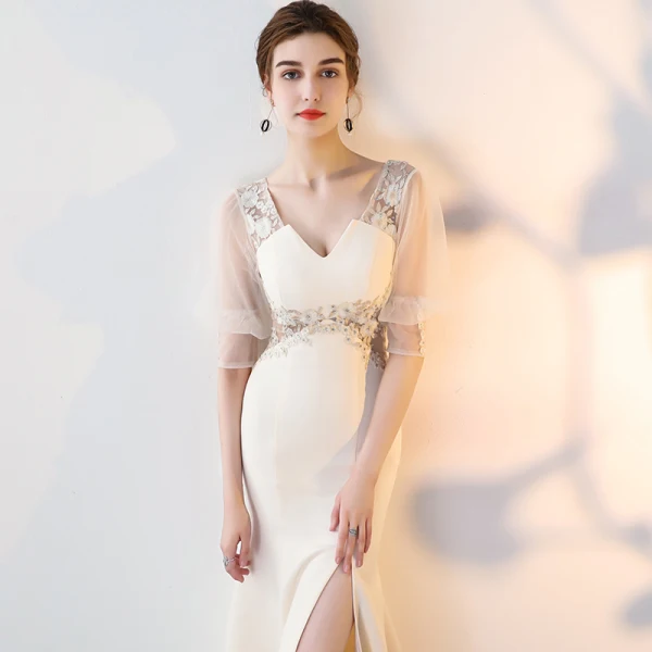 Amazing / Unique Champagne Floor-Length / Long Evening Dresses 2018 Trumpet / Mermaid Charmeuse 1/2 Sleeves V-Neck Lace-up Beading Backless Embroidered Formal Dresses