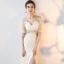 Amazing / Unique Champagne Floor-Length / Long Evening Dresses  2018 Trumpet / Mermaid Charmeuse 1/2 Sleeves V-Neck Lace-up Beading Backless Embroidered Formal Dresses