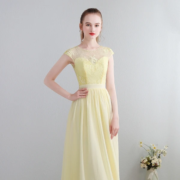 Modern / Fashion Floor-Length / Long Yellow Evening Dresses 2018 A-Line / Princess U-Neck Chiffon Lace-up Appliques Backless Pierced Formal Dresses
