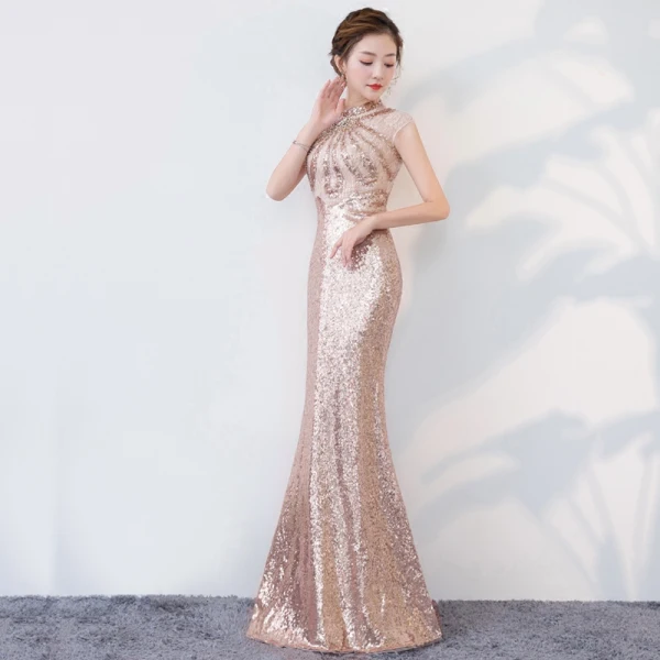 Sparkly Bling Bling Gold Floor-Length / Long Evening Dresses 2018 Trumpet / Mermaid High Neck Beading Rhinestone Sequins Evening Party Formal Dresses