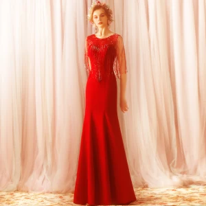 Modern Fashion Red Sweep Train Evening Dresses 2018 Trumpet Mermaid Charmeuse U Neck Beading Tassel Formal Dresses