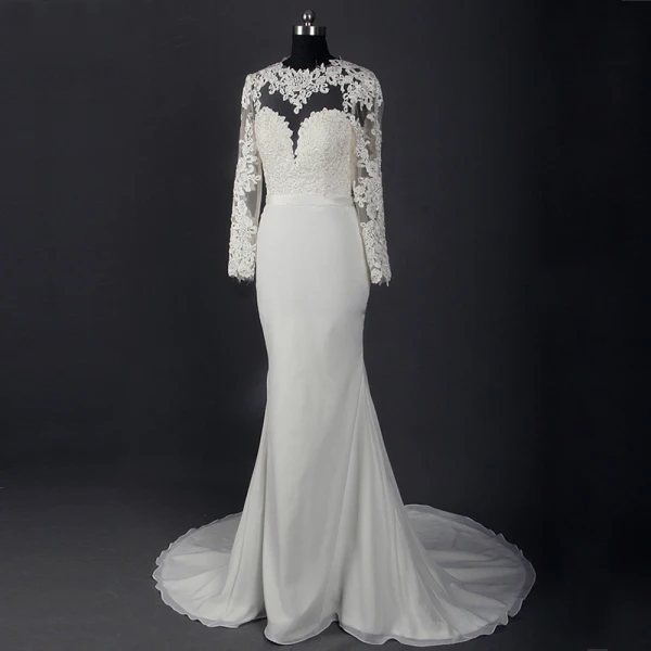Classic Elegant Ivory Court Train Wedding 2018 Trumpet / Mermaid Long Sleeve Charmeuse U-Neck Lace-up Appliques Backless Pierced Wedding Dresses