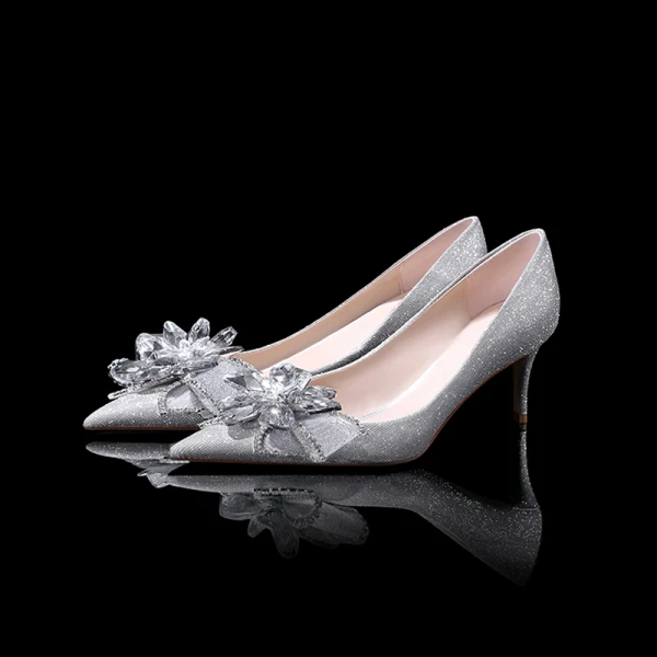 Glittrande Bling Bling Silver Damskor 2019 Läder Beading Blomma Glittriga / Glitter Paljetter Afton Högklackade Spetsiga Brudskor