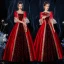 Vintage / Originale Médiévale Gothique Rouge Robe Boule Robe De Bal 2021 En Dentelle Bretelles croisées 1/2 Manches Encolure Carrée Longue Fait main Perlage Faux Diamant Cosplay Promo Robe De Ceremonie