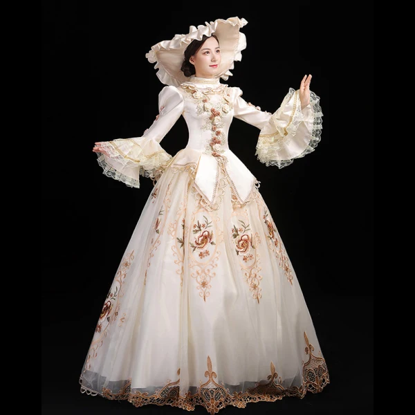 Vintage / Retro Medieval Ivory Ball Gown Prom Dresses 2021 High Neck Long Sleeve Floor-Length / Long 3D Lace Embroidered Flower Printing Cosplay Prom Formal Dresses