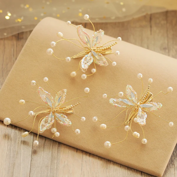 Romantisk Härlig Guld Örhängen Hårsmycken 2020 Beading Pärla Rhinestone Fjäril Bröllop Bal Tillbehör