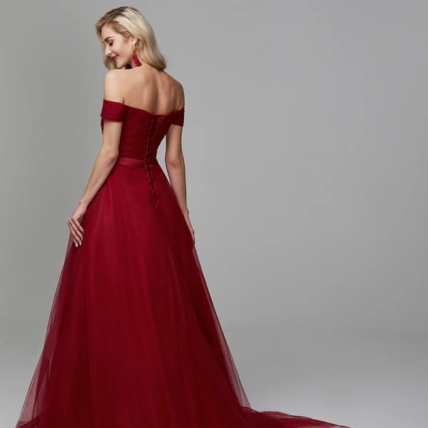 Chic / Beautiful Burgundy Evening Dresses 2020 A-Line / Princess Off-The-Shoulder Tulle Backless Strappy Court Train Cocktail Party Evening Party Formal Dresses