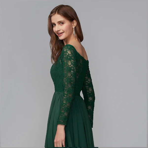 Modest / Simple Green Mother Of The Bride Dresses 2020 A-Line / Princess Floor-Length / Long Long Sleeve Zipper Up at Side Off-The-Shoulder Backless Embroidered Wedding Evening Party Wedding Party Dresses