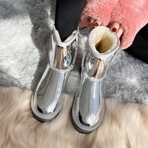 Amazing / Unique Silver Snow Boots 2020 Woolen Patent Leather Casual Outdoor / Garden Winter Flat Round Toe Womens Boots