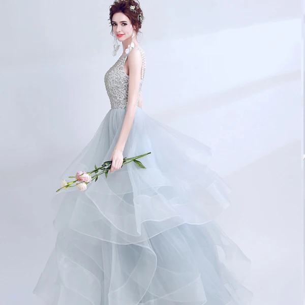 Chic / Belle Argenté Robe De Soirée 2017 Robe Boule U-Cou Dentelle Dos Nu Perlage Fait main Soirée Robe De Bal