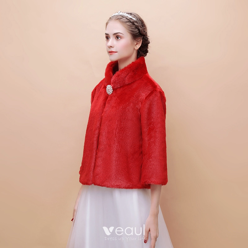 Rojo Invierno Cuello Alto Manga Larga Piel Sintetica Gala Noche Boda Abrigos chaquetas 2017